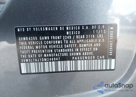 2013 Volkswagen Jetta 2.0L Tdi из США, поврежденный, VIN 3VW3L7AJ1DM246947